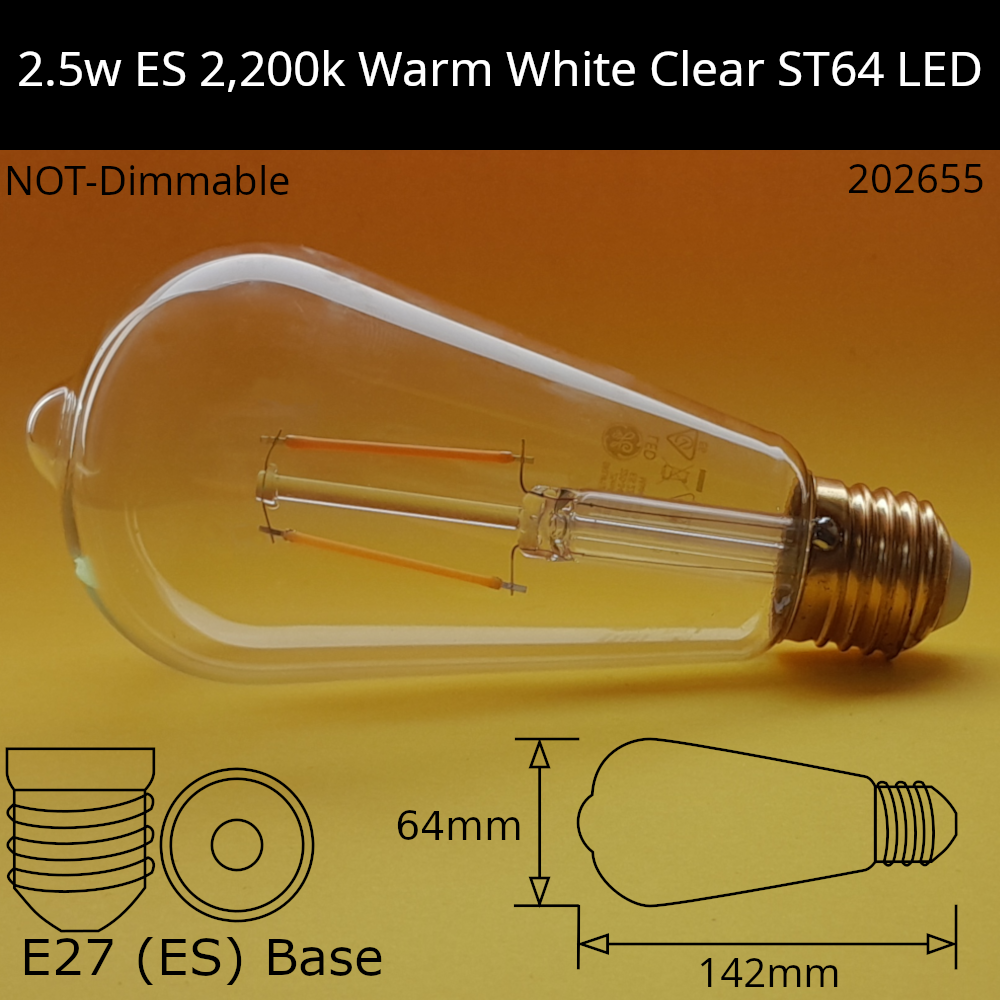 E27 (ES) / ST64 / 2.5W - Clear - 2,200K - Warm White