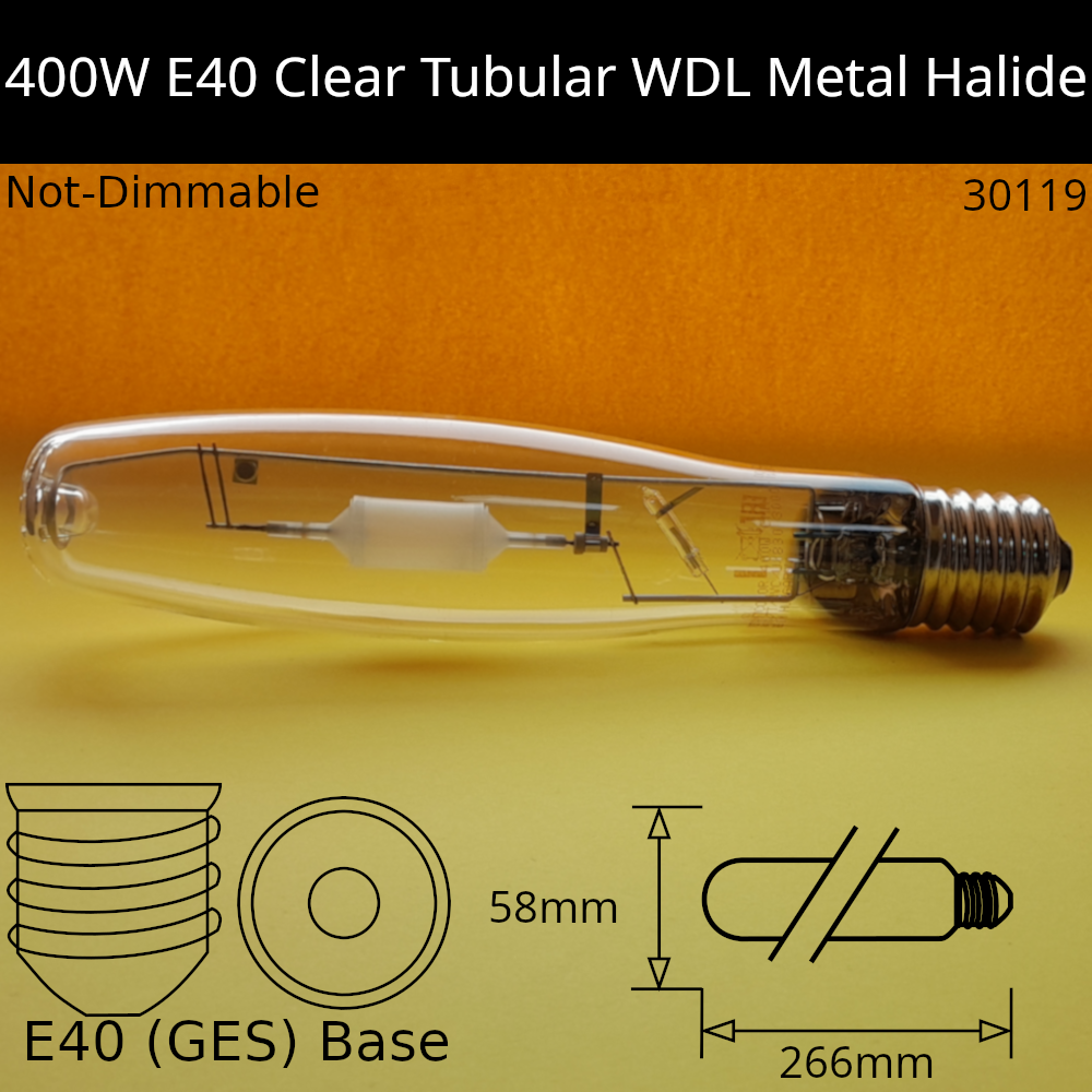 400W GES Tubular Clear WDL Metal Halide 3,000K - Works on MH and HPS Control Gear