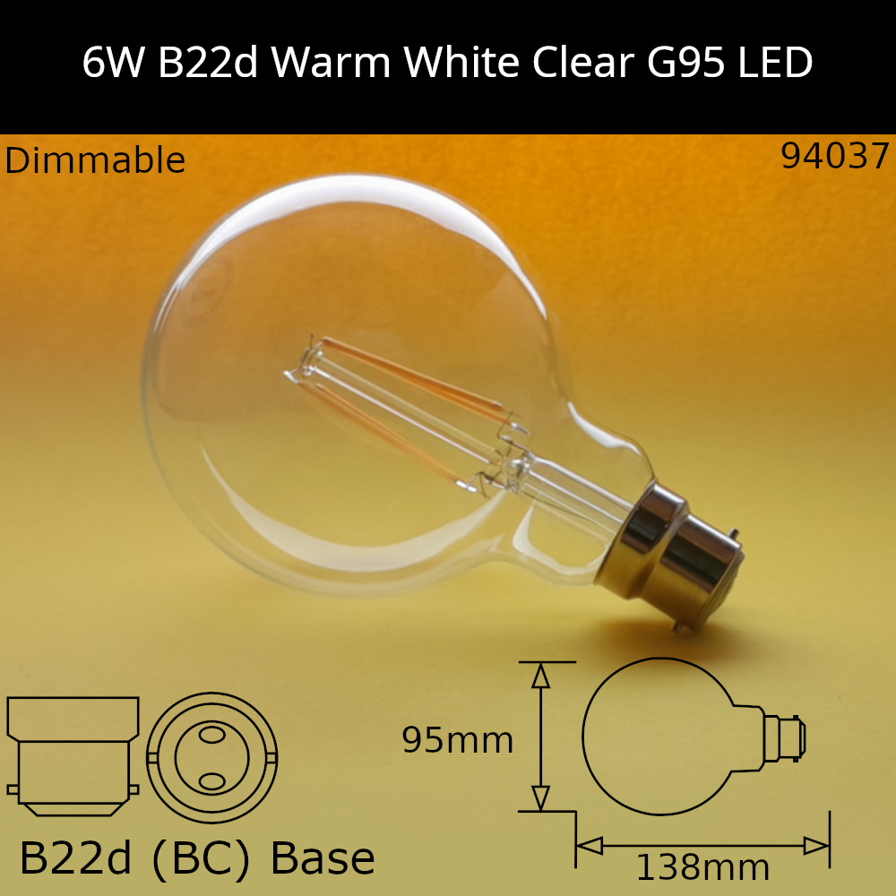 B22D (BC) / G95 - 95mm / 6W - 2700k - Warm White - Dimmable - 750lm