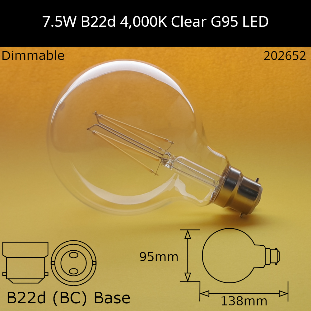 B22D (BC) / G95 - 95mm / 7.5W - 4000k - Cool White - Dimmable - 806lm