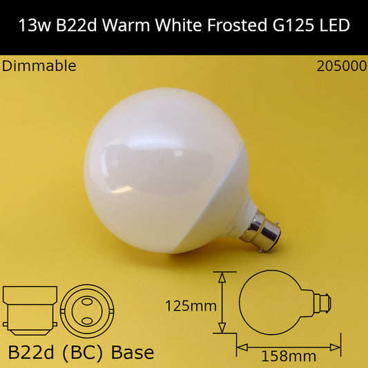 B22D (BC) / G125 - 125mm / 13W - Warm White - 3000K - Dimmable