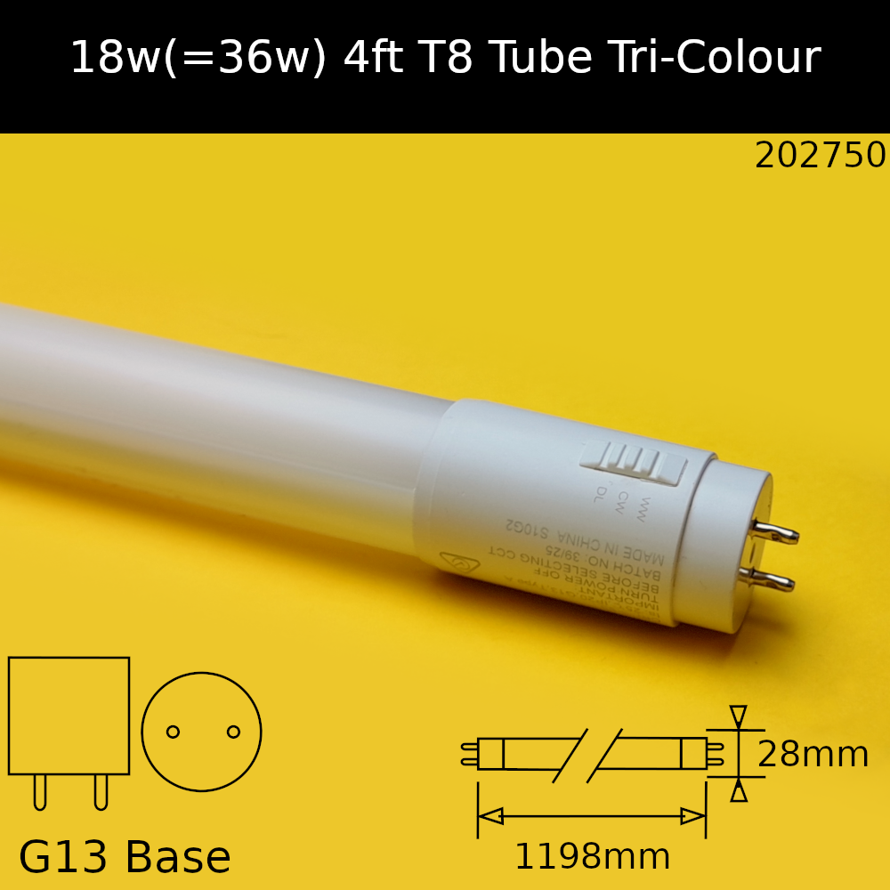 18W(=36w fluorescent) T8 4ft 1198mm Tri Colour Led Replacement Tube