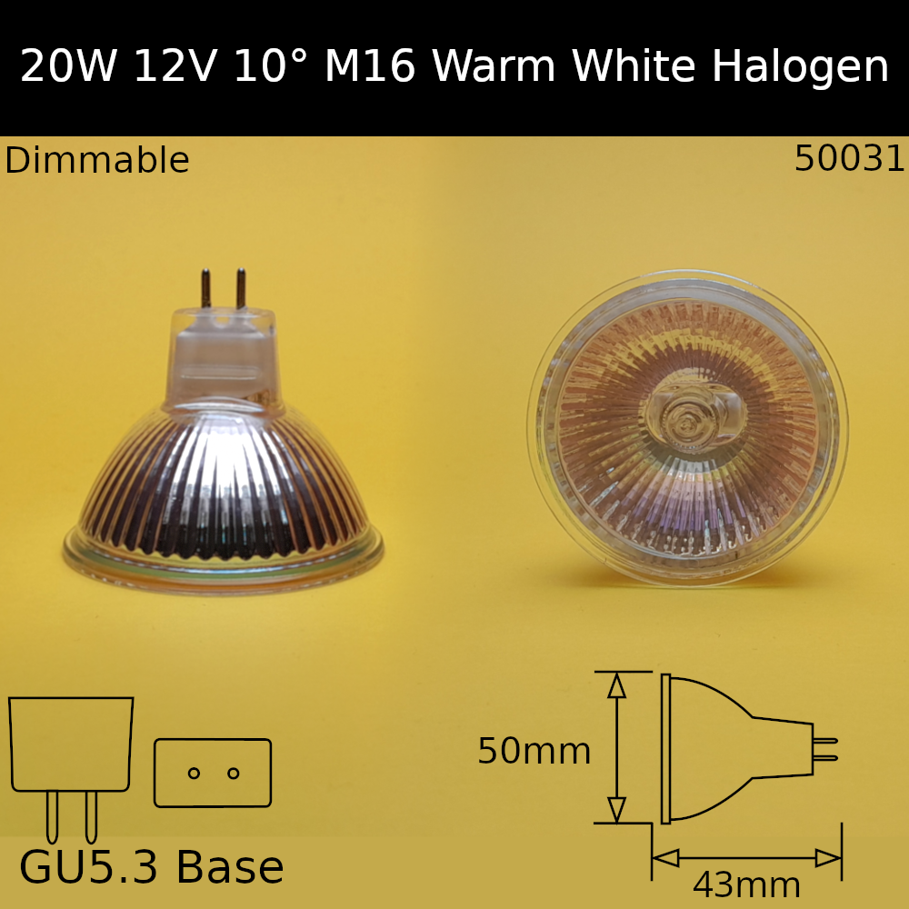 20W 12V 10° Mr16 Glass Covered Clear Halogen