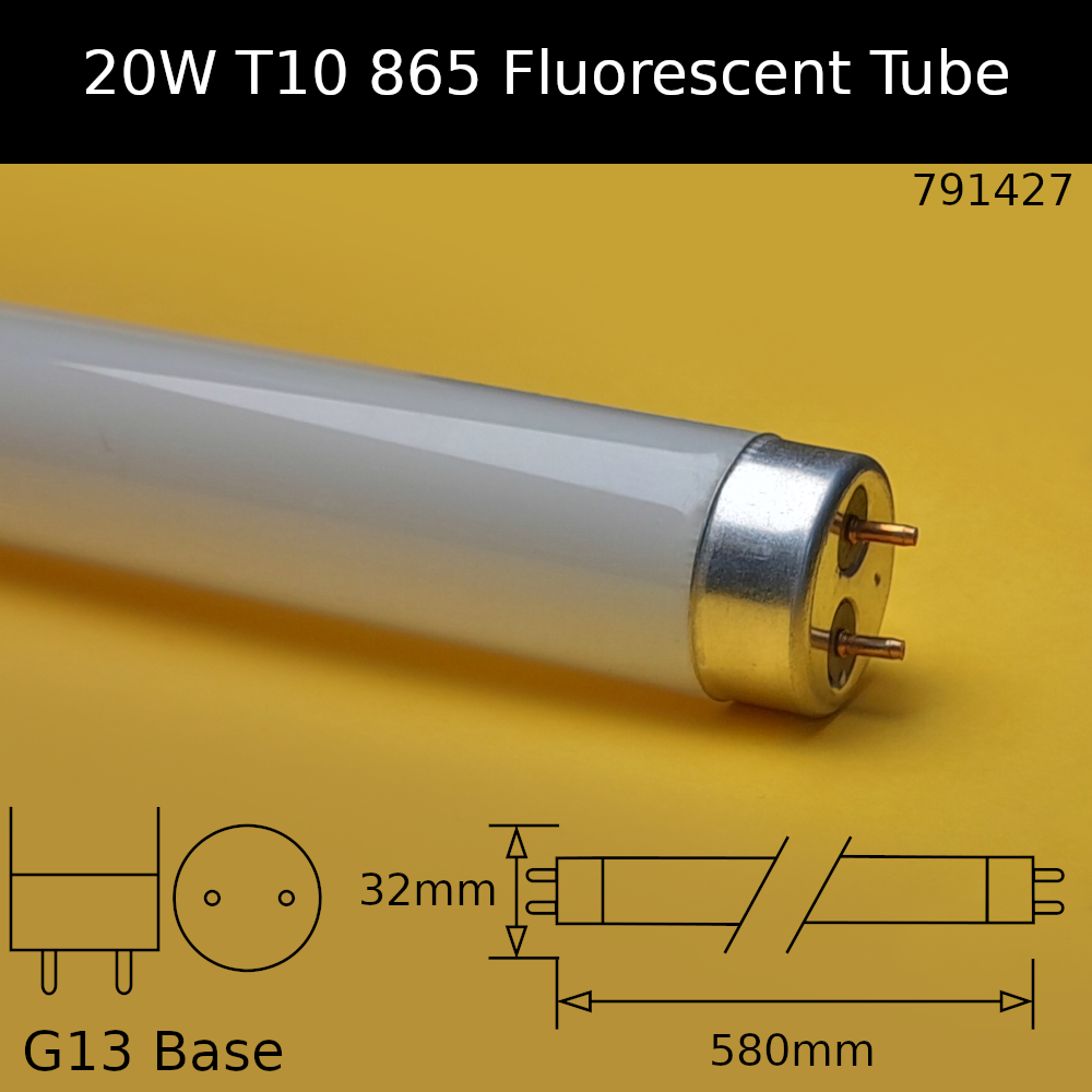 20W T10 32mm x 580mm 6,500K Daylight 865 Fluorescent Tube