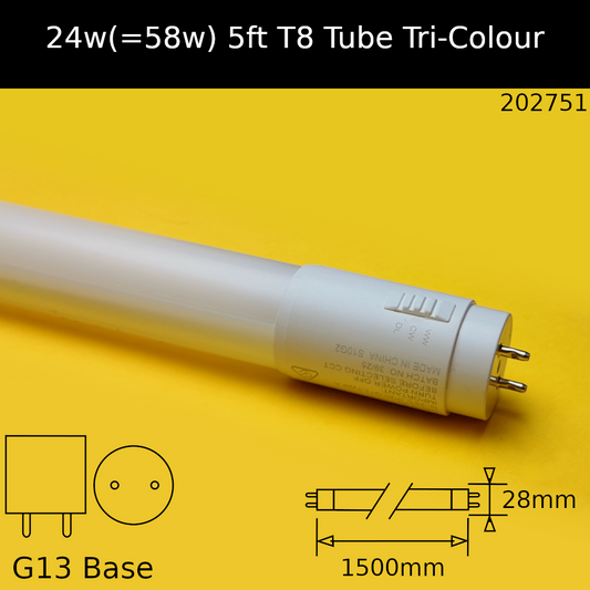 24W(=58w fluorescent) T8 5ft 1500mm Tri Colour Led Replacement Tube