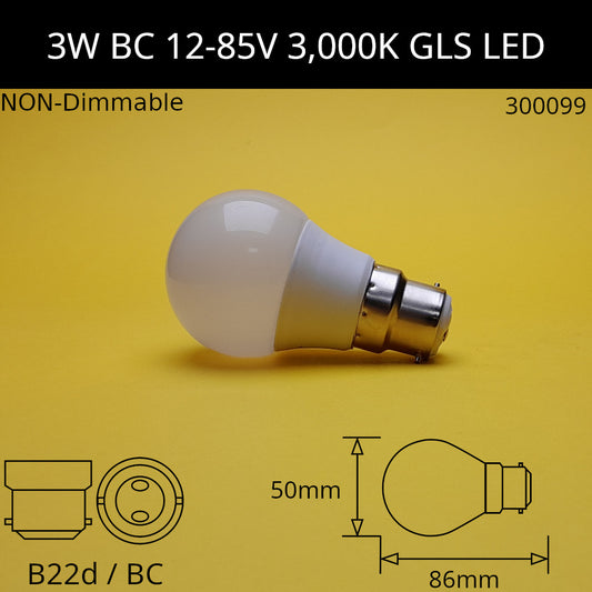 3W BC 12-85V DC Warm White 3,000K Frosted Fancy Round LED