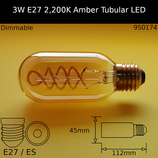 3W ES 230V Warm White 2,200K Amber Tubular 112mm x 45mm Spiral Filament Led