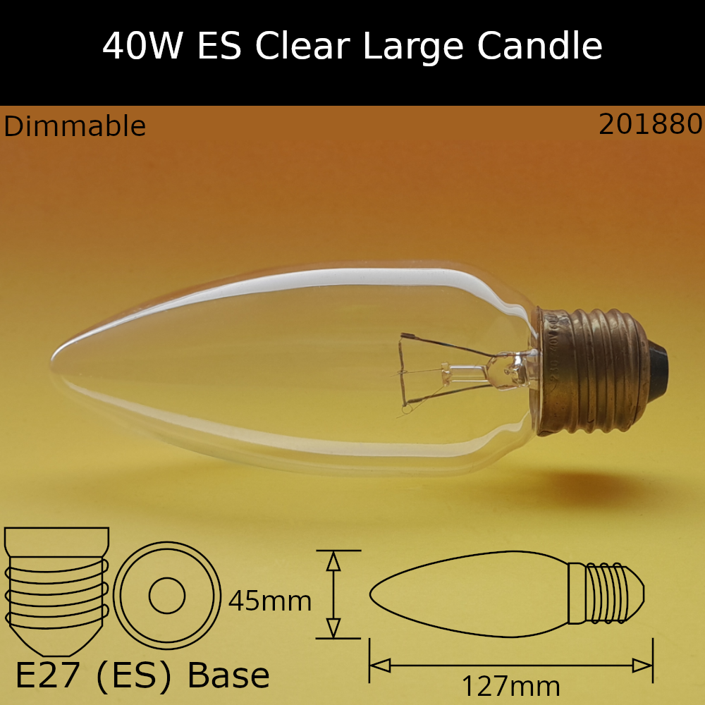 40W ES 230V Clear Plain Incandescent Large Candle