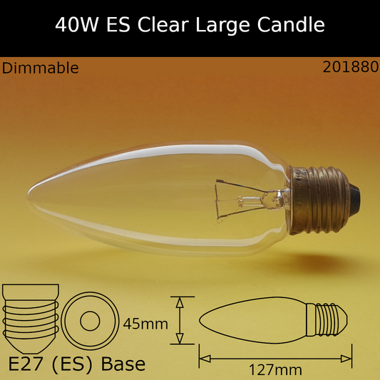 40W ES 230V Clear Plain Incandescent Large Candle