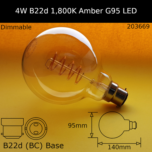 G95 - 95mm / B22D (BC) / 4W - Amber - 1800K - Warm White - Dimmable - 200lm