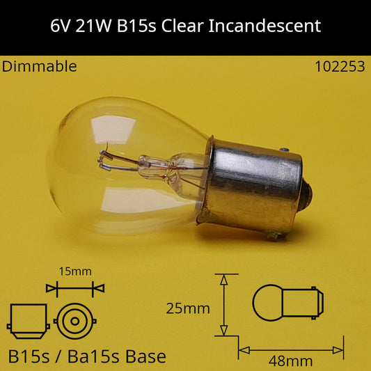6V 21W B15s / Ba15s (SCC) Automotive / Miniature Incandescent Bulb