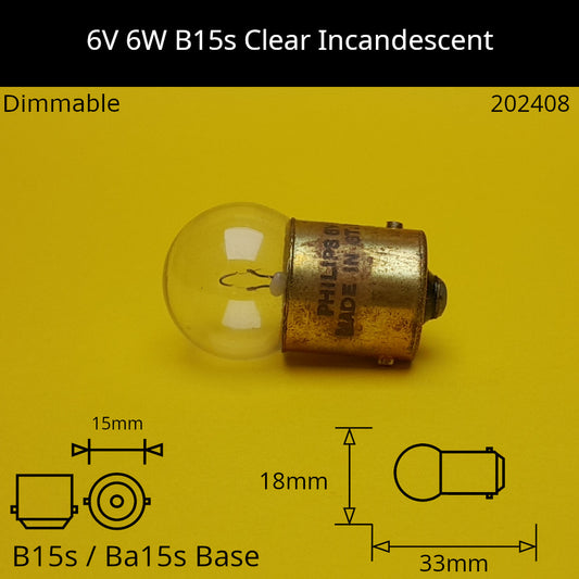 6V 6W B15s / Ba15s (SCC) Automotive / Miniature Incandescent Bulb