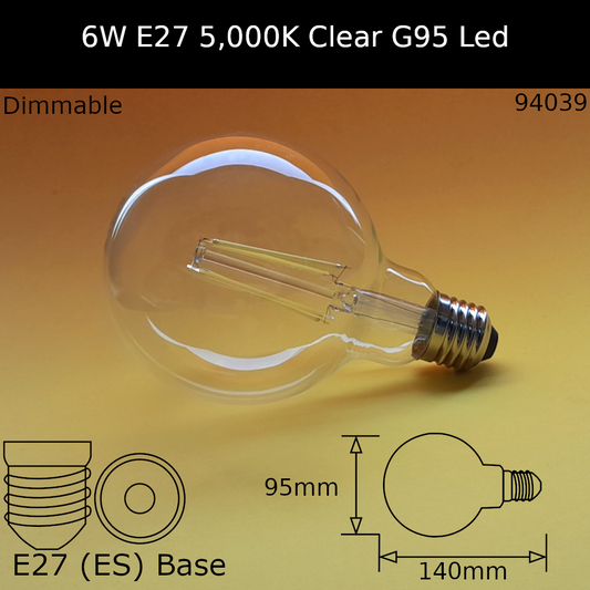 6W 230V ES G95 230V Clear 5,000K 800lm Led Filament Dimmable Dolly Bulb