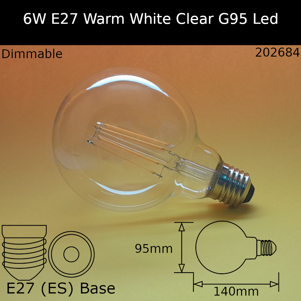 6W 230V ES G95 Clear 2,700k Warm White 750lm Led Filament Dimmable Dolly Bulb