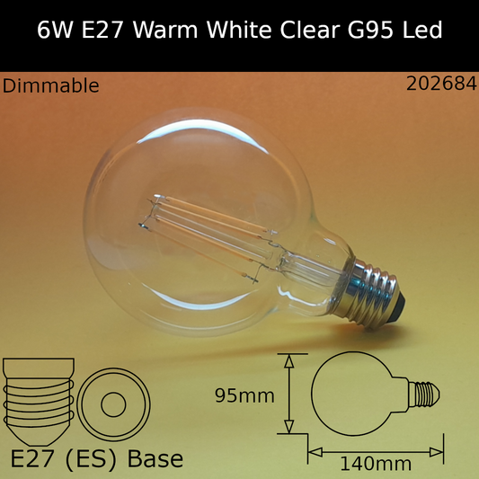 6W 230V ES G95 Clear 2,700k Warm White 750lm Led Filament Dimmable Dolly Bulb