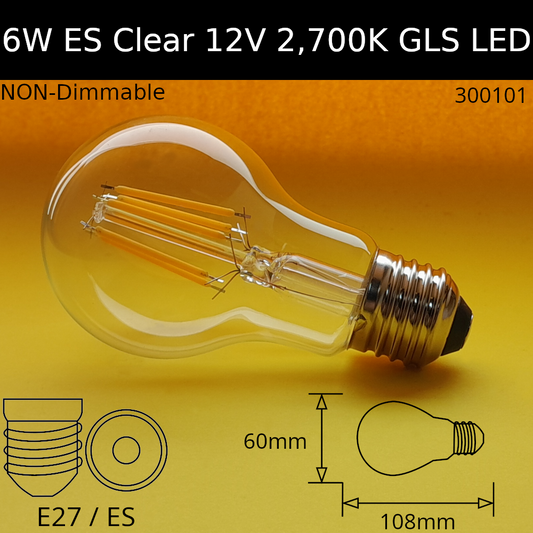 6w ES 12V DC Clear Warm White 2,700K Filament GLS LED