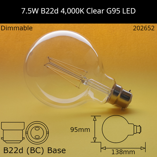 B22D (BC) / G95 - 95mm / 7.5W - 4000k - Cool White - Dimmable - 806lm