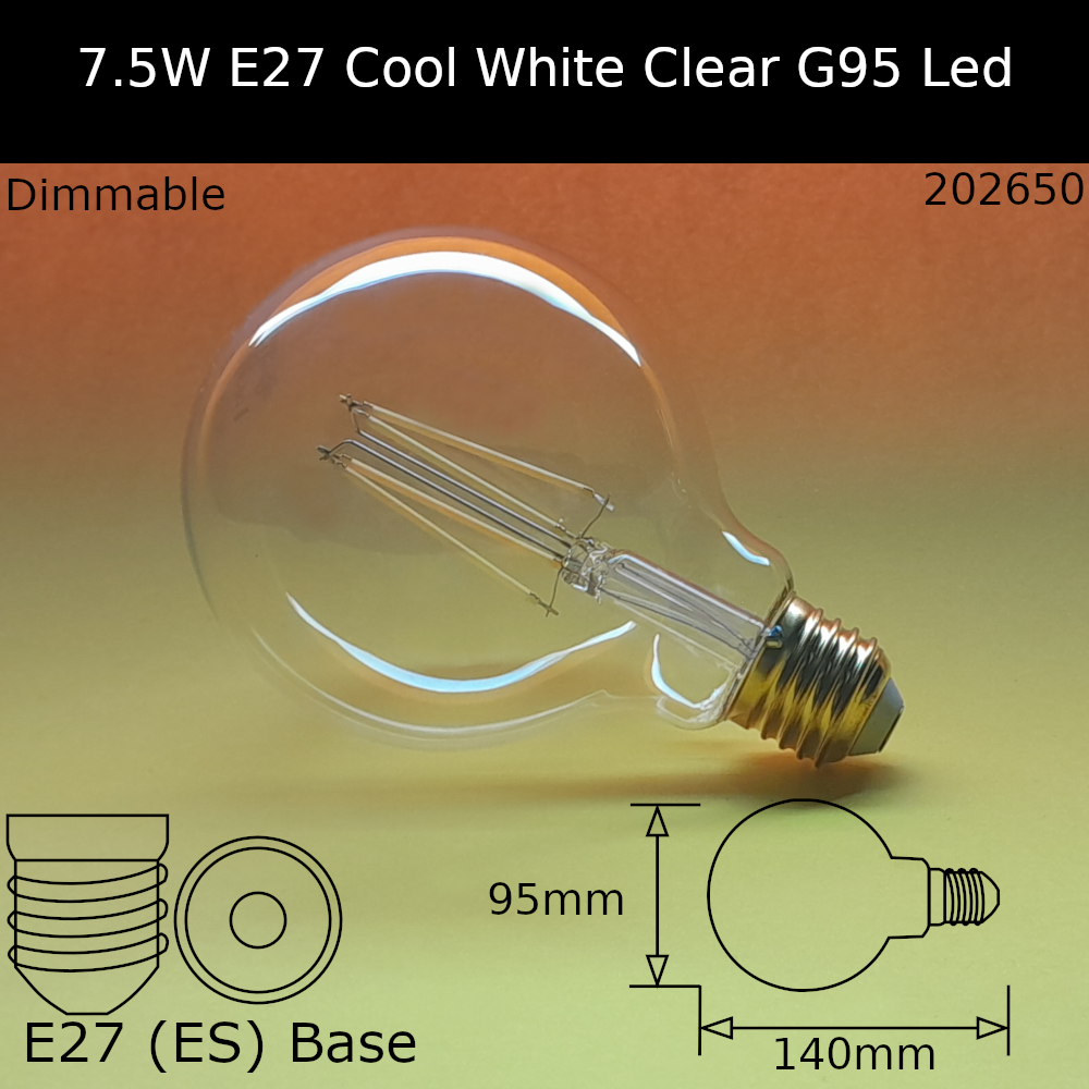 7.5W 230V ES G95 Clear 4,000k Cool White 806lm Led Filament Dimmable Dolly Bulb