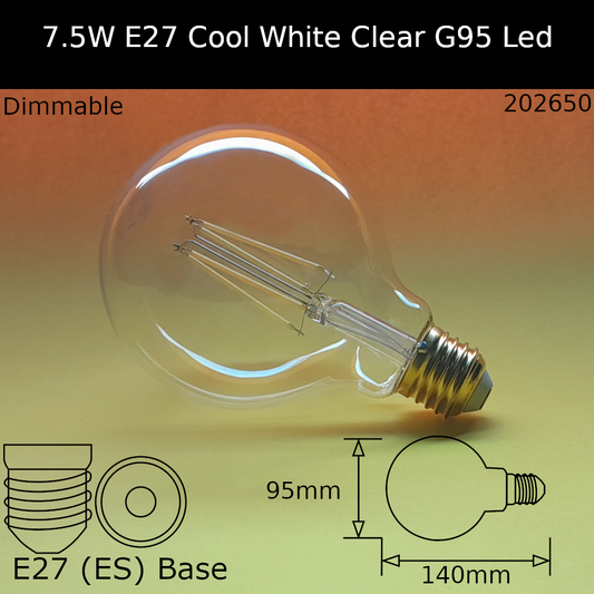 7.5W 230V ES G95 Clear 4,000k Cool White 806lm Led Filament Dimmable Dolly Bulb