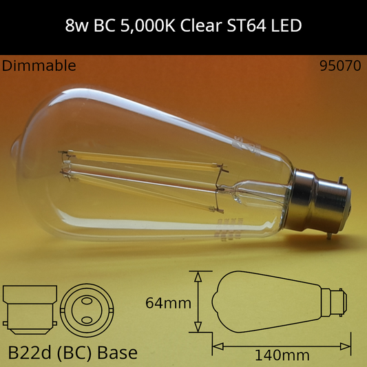B22d (BC) / ST64 / 8W - Dimmable - Clear - 5,000K