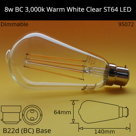 B22d (BC) / ST64 / 8W - Dimmable - Clear - 3,000K - Warm White