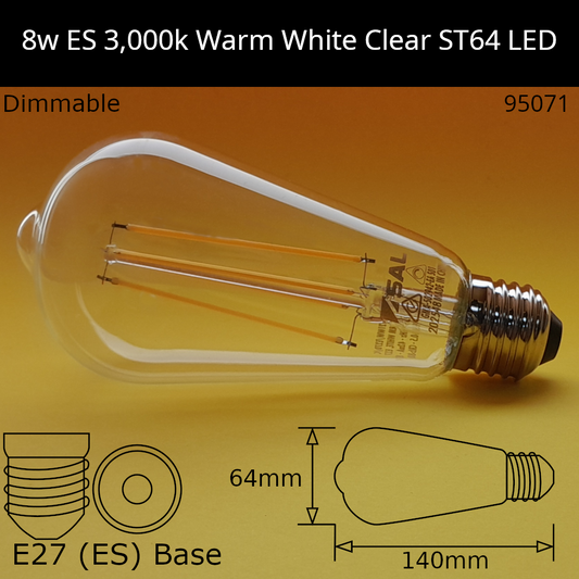 E27 (ES) / ST64 / 8W - Dimmable - Clear - 3,000K - Warm White