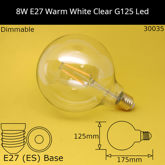 E27 (ES) / G125 - 125mm / 8W - 2700k - Warm White - Dimmable