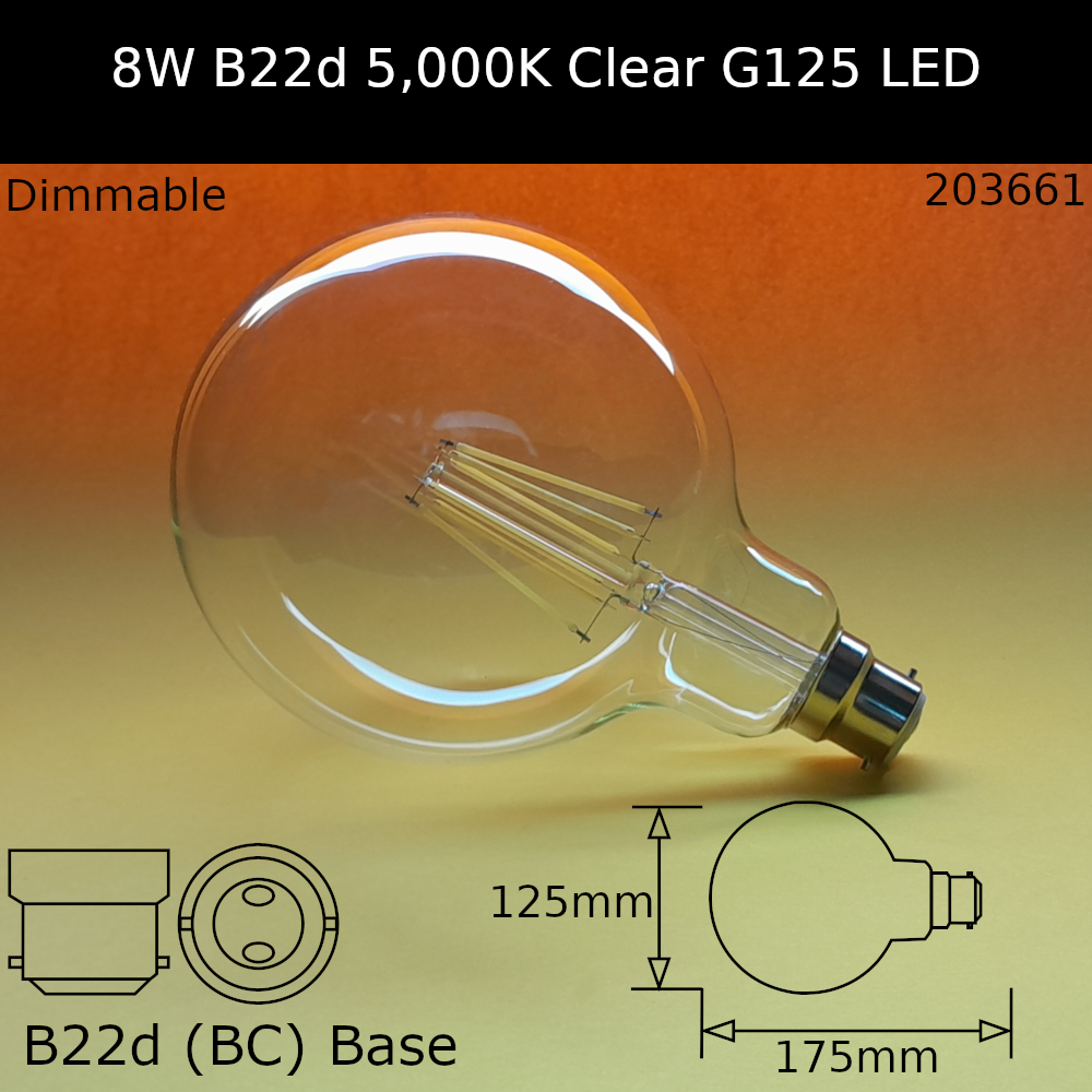 8W 230V BC G125 Clear 5,000K 1,000lm Led Filament Dimmable Dolly Bulb