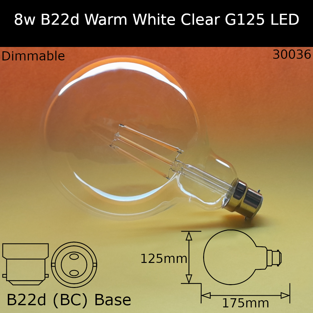 8W 230V BC G125 Clear 2,700k Warm White 950lm Led Filament Dimmable Dolly Bulb