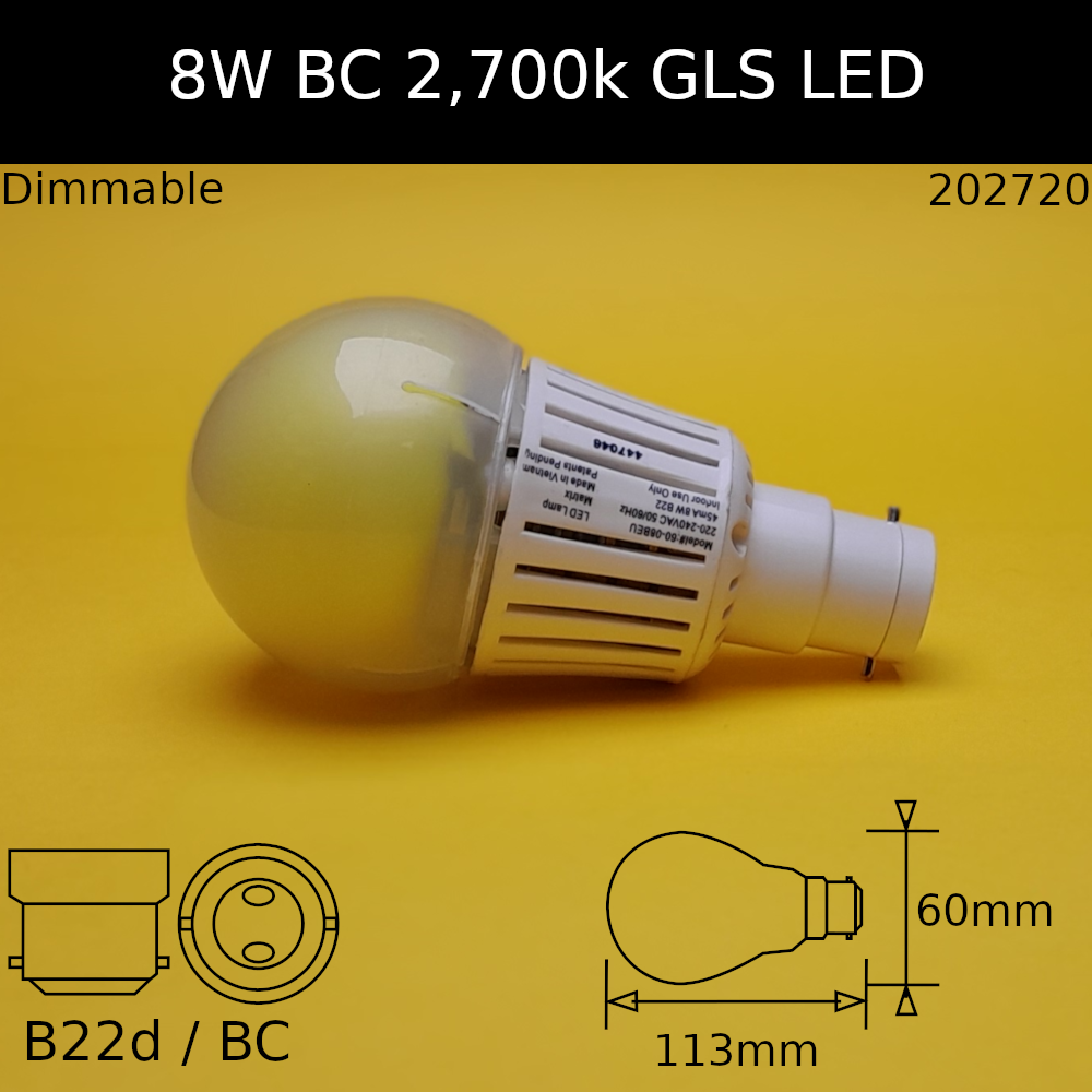 8w 230V BC Dimmable 600lm 2,700K Warm White led
