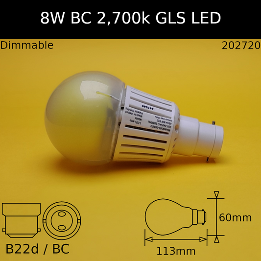 8w 230V BC Dimmable 600lm 2,700K Warm White led