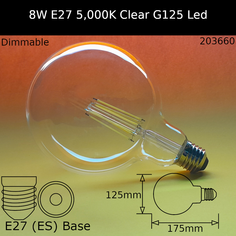 8W 230V ES G125 Clear 5,000K 1,000lm Led Filament Dimmable Dolly Bulb