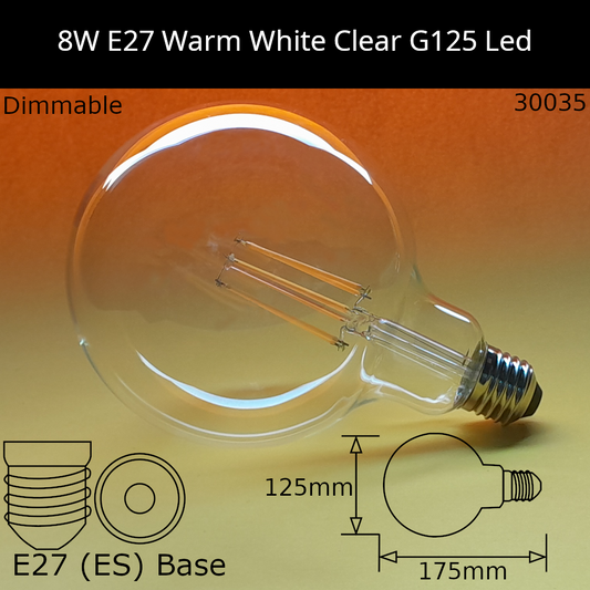 8W 230V ES G125 Clear 2,700k Warm White 950lm Led Filament Dimmable Dolly Bulb