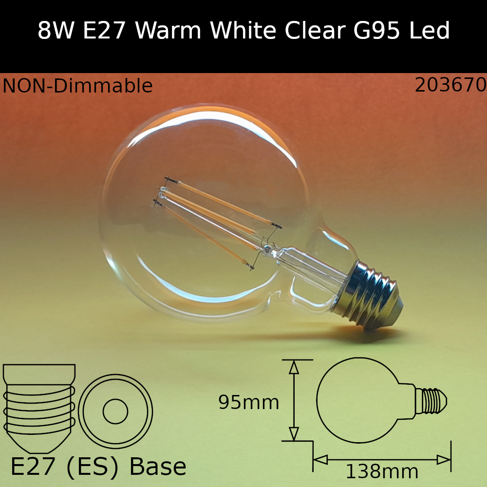 8W 230V ES G95 Clear 2,700k Warm White 1050lm Led Filament NON-Dimmable Dolly Bulb