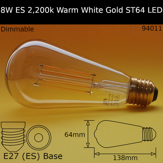 E27 (ES) / ST64 / 8W - Dimmable - Gold - 2,200K - Warm White