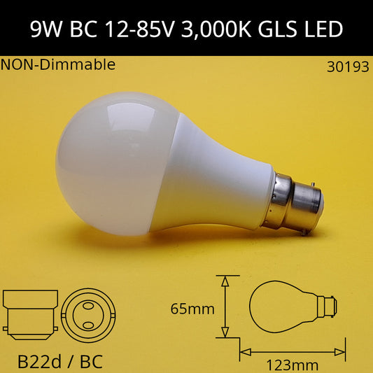 9w BC 12-85V AC/DC Warm White Frosted GLS LED