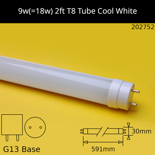 9W(=18w fluorescent) T8 2ft 590mm 4,000K Cool White 840 Led Replacement Tube