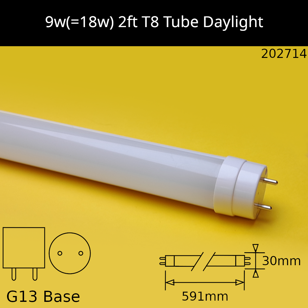 9W(=18w fluorescent) T8 2ft 590mm 6,500K Daylight 865 Led Replacement Tube