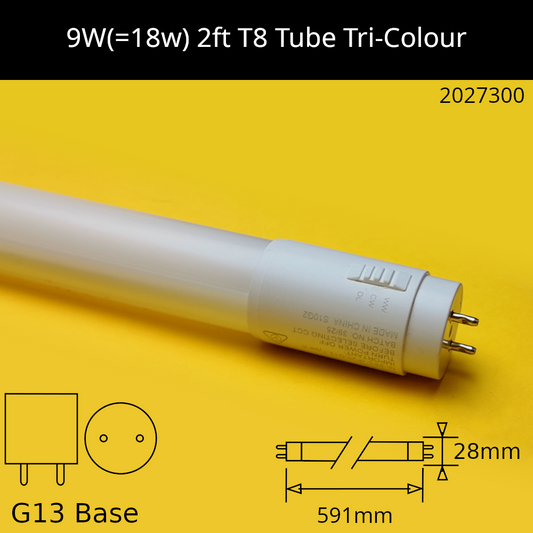 9W(=18w fluorescent) T8 2ft 590mm Tri Colour Led Replacement Tube
