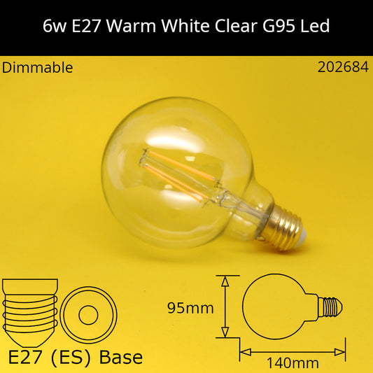 E27 (ES) / G95 - 95mm / 6W - 2700k - Warm White - Dimmable - 750lm