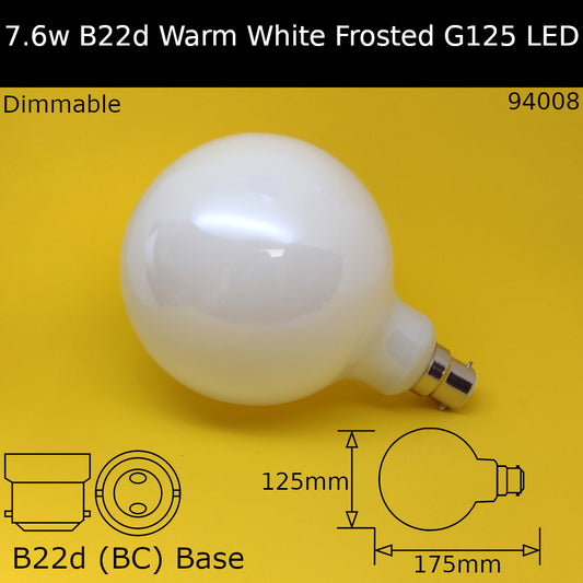 B22D (BC) / G125 - 125mm / 7.6W - Warm White - 3000K - Dimmable