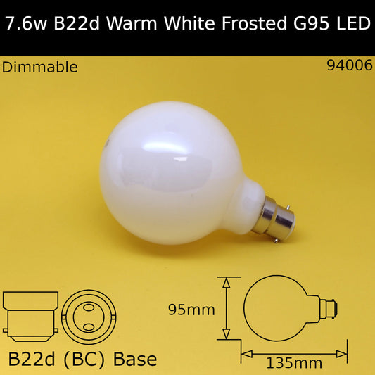 B22D (BC) / G95 - 95mm / 7.6W - Warm White - 2700K - Dimmable