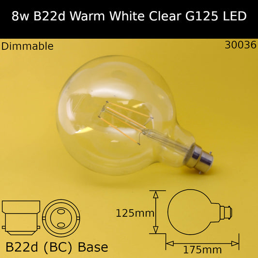 B22D (BC) / G125 - 125mm / 8W - 2700k - Warm White - Dimmable